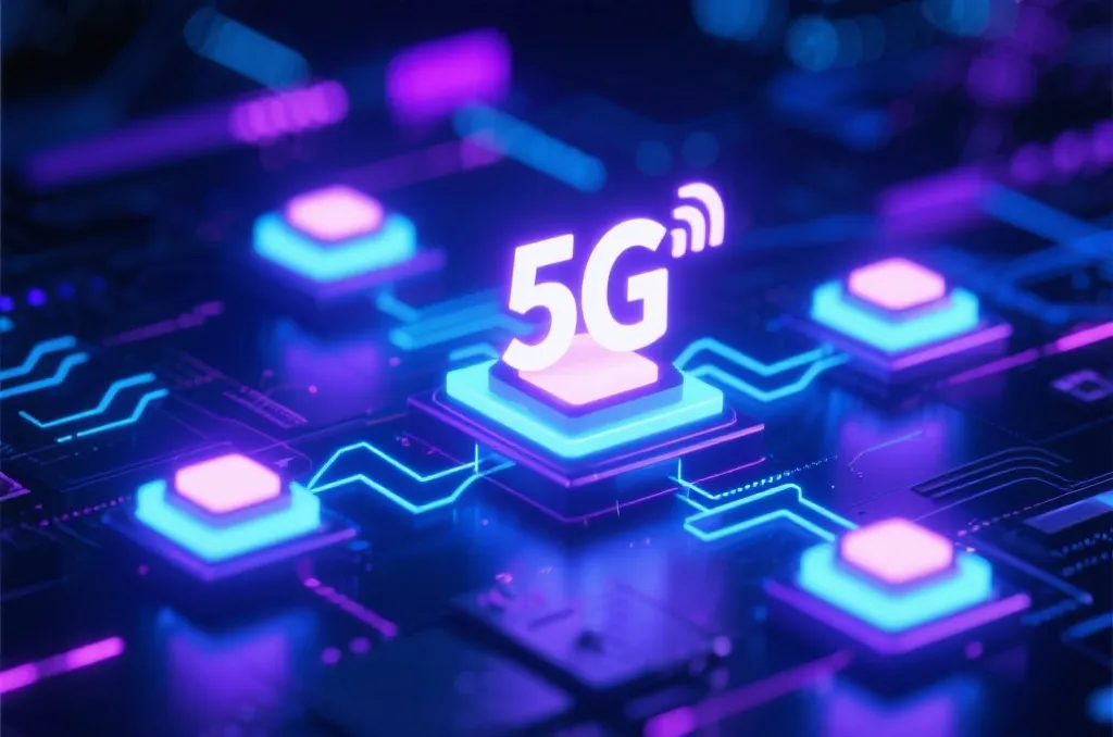 Abstract technology concept, glowing 5G network nodes, digital signal waves, blue and purple color scheme, high-tech background