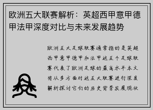 欧洲五大联赛解析：英超西甲意甲德甲法甲深度对比与未来发展趋势
